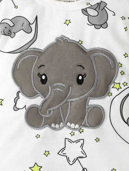 2pcs Baby Elephant Embroidery Romper & Hat Set