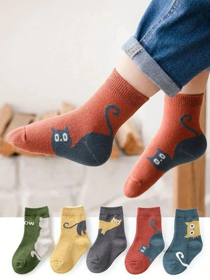 5 Pairs of Cartoon Kitten Baby Socks – All-Season Mid-Tube for Boys & Girls