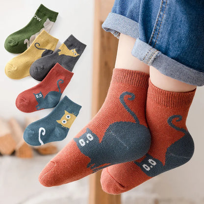 5 Pairs of Cartoon Kitten Baby Socks – All-Season Mid-Tube for Boys & Girls