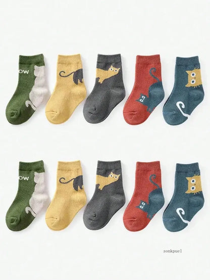 5 Pairs of Cartoon Kitten Baby Socks – All-Season Mid-Tube for Boys & Girls