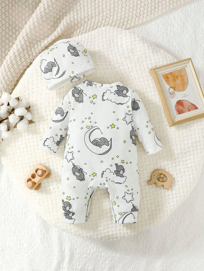 2pcs Baby Elephant Embroidery Romper & Hat Set